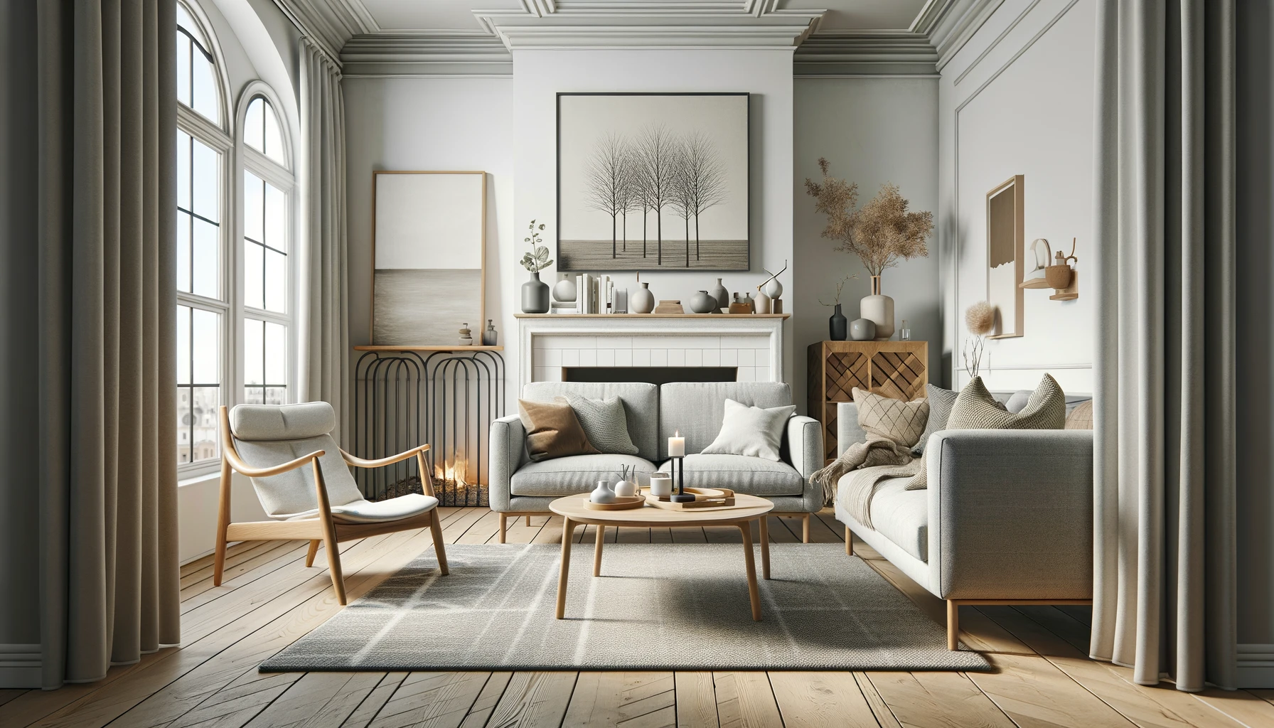 Lys og elegant stue med moderne møbler, herunder en grå sofa, træstole og sofabord, samt dekorative elementer som vægbilleder og planter. Rummet skaber en indbydende og stilfuld atmosfære, perfekt til hjem dk og illustration af et komfortabelt og æstetisk hjem.