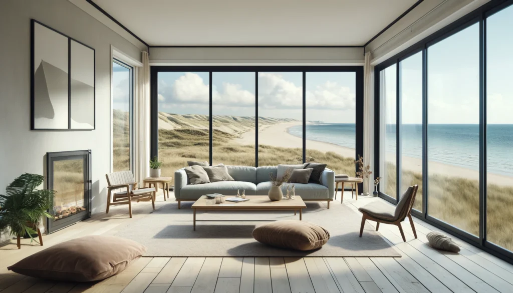 Stilfuld stue med store panoramavinduer, der giver udsigt til stranden, og indrettet med moderne møbler, herunder en komfortabel sofa, elegante lænestole og et træsofabor. Møblerne i dette rum er nøje udvalgt for at skabe en afslappende og indbydende atmosfære, der harmonerer med den naturskønne udsigt. Kombinationen af naturligt lys og kvalitetsmøbler skaber en perfekt balance mellem indendørs komfort og udendørs skønhed. Dette billede illustrerer, hvordan man kan bruge møbler til at skabe et rum, der både er æstetisk tiltalende og funktionelt, og det fremhæver vigtigheden af møbler i boligindretning.