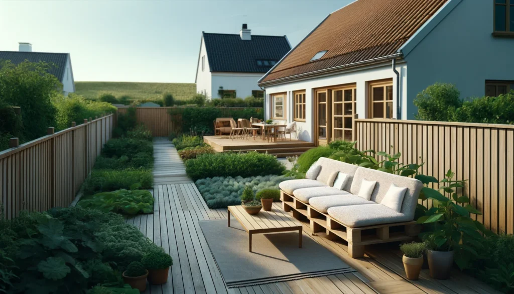 En smukt anlagt terrasse med moderne udendørs møbler. Terrassen har en komfortabel sofa med hvide hynder og et lavt sofabord, omgivet af frodige grønne planter og velplejede bede. I baggrunden ses et hyggeligt spiseområde med et stort bord og stole, perfekt til udendørs måltider og underholdning. Det hvide hus med store vinduer og terrassedøre skaber en harmonisk og indbydende atmosfære, ideel til afslapning og sociale sammenkomster i haven. De stilfulde udendørs møbler tilføjer både komfort og æstetik til dette fredelige udendørsrum.