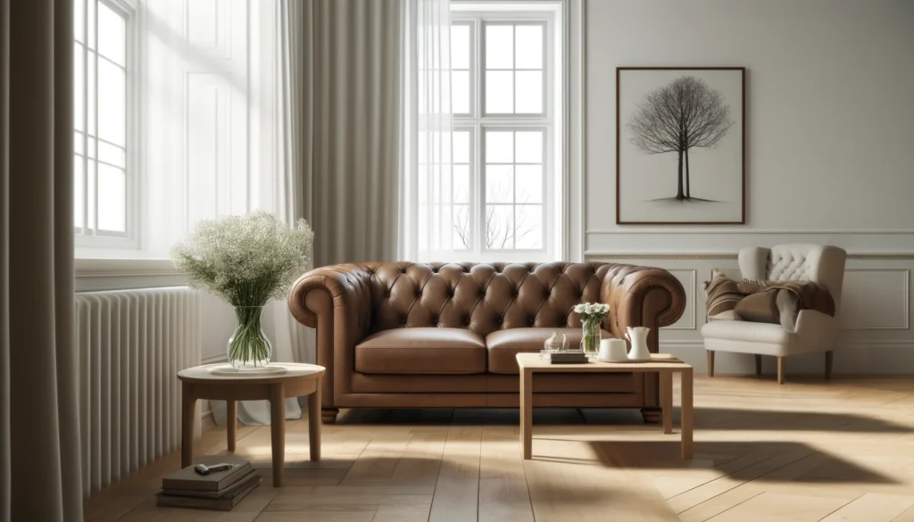 En elegant chaiselong sofa i læder, som bringer en tidløs charme ind i dit hjem. Denne sofa er perfekt til afslapning og giver et luksuriøst touch til din indretning. Kombineret med en stofsofa og moderne møbler skaber den en harmonisk balance mellem komfort og stil.