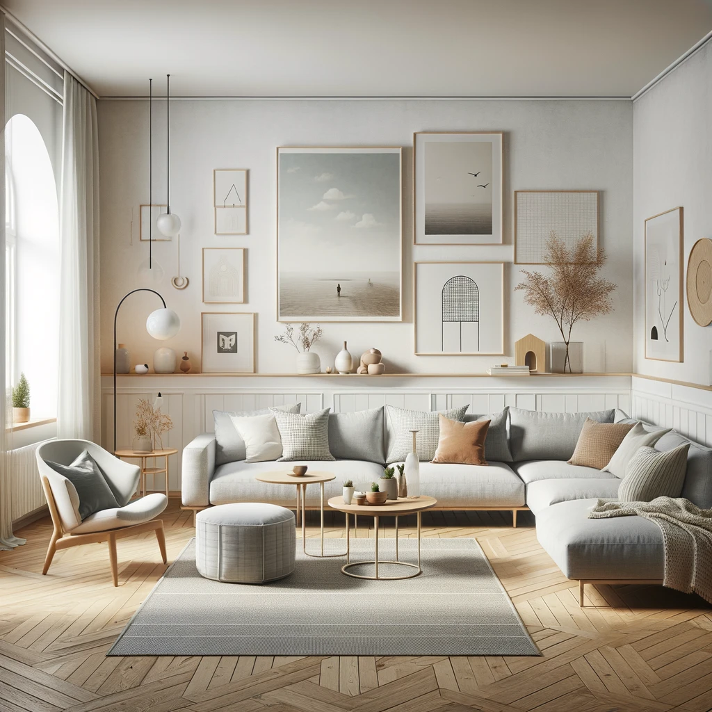 En smukt indrettet stue med en stor chaiselong sofa, der indbyder til afslapning og hygge. Denne grå stofsofa kombinerer moderne design med ultimativ komfort, perfekt til familier og gæster. Væggene er prydet med kunstneriske værker, der tilføjer personlighed og varme til rummet. De neutrale farver på møblerne, blandet med træelementer, skaber en harmonisk atmosfære, der gør dette rum til et ideelt sted at slappe af og nyde tid med familie og venner. Denne stofsofa med chaiselong giver både stil og funktionalitet til ethvert hjem.