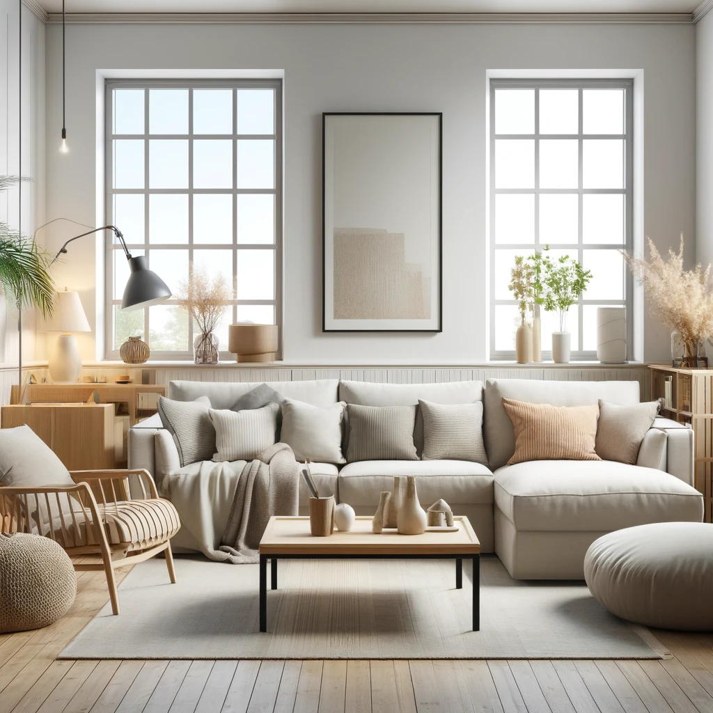 En lys og indbydende stue med en stor grå stofsofa, der udstråler elegance og komfort. Sofaen er designet med en chaiselong, som gør den perfekt til afslapning og hyggelige stunder. De neutrale toner i indretningen, kombineret med naturlige træelementer og grønne planter, skaber en harmonisk og rolig atmosfære. Denne chaiselong sofa er ideel til både små og store rum, og dens alsidige design gør den nem at integrere i enhver indretning. De bløde puder og tæpper tilføjer ekstra komfort, hvilket gør denne stofsofa til et must-have for dem, der ønsker både stil og funktionalitet.