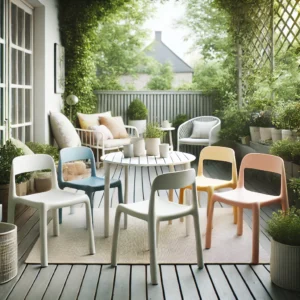 Skandinavisk stil udendørs terrasse med plastik havemøbler. Letvægts plaststole og bord i forskellige farver er arrangeret i et hyggeligt og minimalistisk miljø. Baggrunden indeholder frodige grønne planter, og møblerne ser vejrbestandige og nemme at vedligeholde ud.