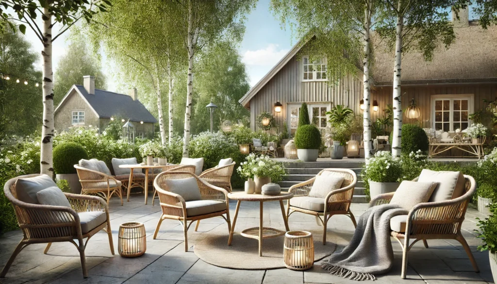 Dansk stil udendørs terrasse med rattan og flet havemøbler. Letvægts og komfortable rattan stole og bord med rene, minimalistiske linjer er arrangeret i et hyggeligt miljø. Terrassen inkluderer bløde tæpper, lanterner og potteplanter. Baggrunden har frodig grøn beplantning, birketræer og et dansk stil hus, hvilket skaber en fredelig og indbydende atmosfære. Det overordnede udseende er tydeligt dansk, med vægt på naturlige materialer og en harmonisk integration med naturen.